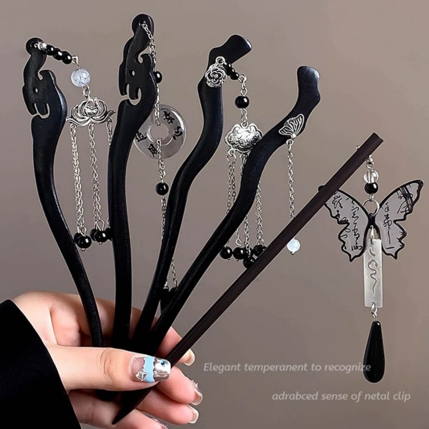 Board Game Go - หรูหราไม้พู่ Hairpin สําหรับผู้หญิง Vintage หมึกผีเสื้อจี้ผมสไตล์จีน Ebony
