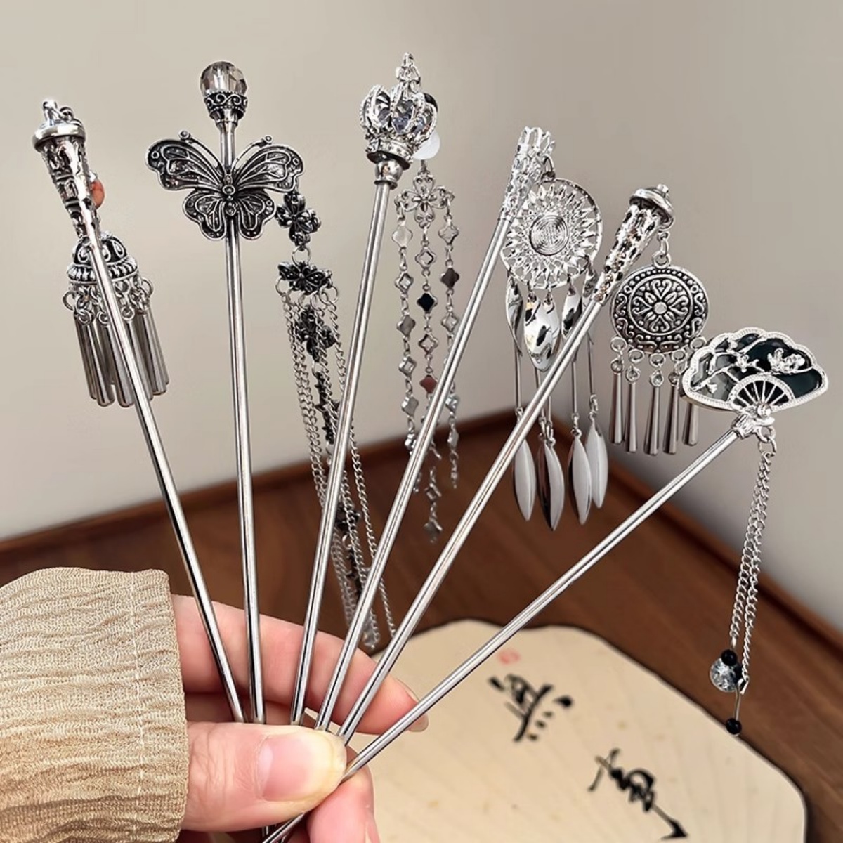 Board Game Go - Elegant Women's Hairpin โบราณเงินผีเสื้อพู่ผม Vintage สไตล์จีนโลหะเครื่องประดับอุปกรณ์เสริมผม