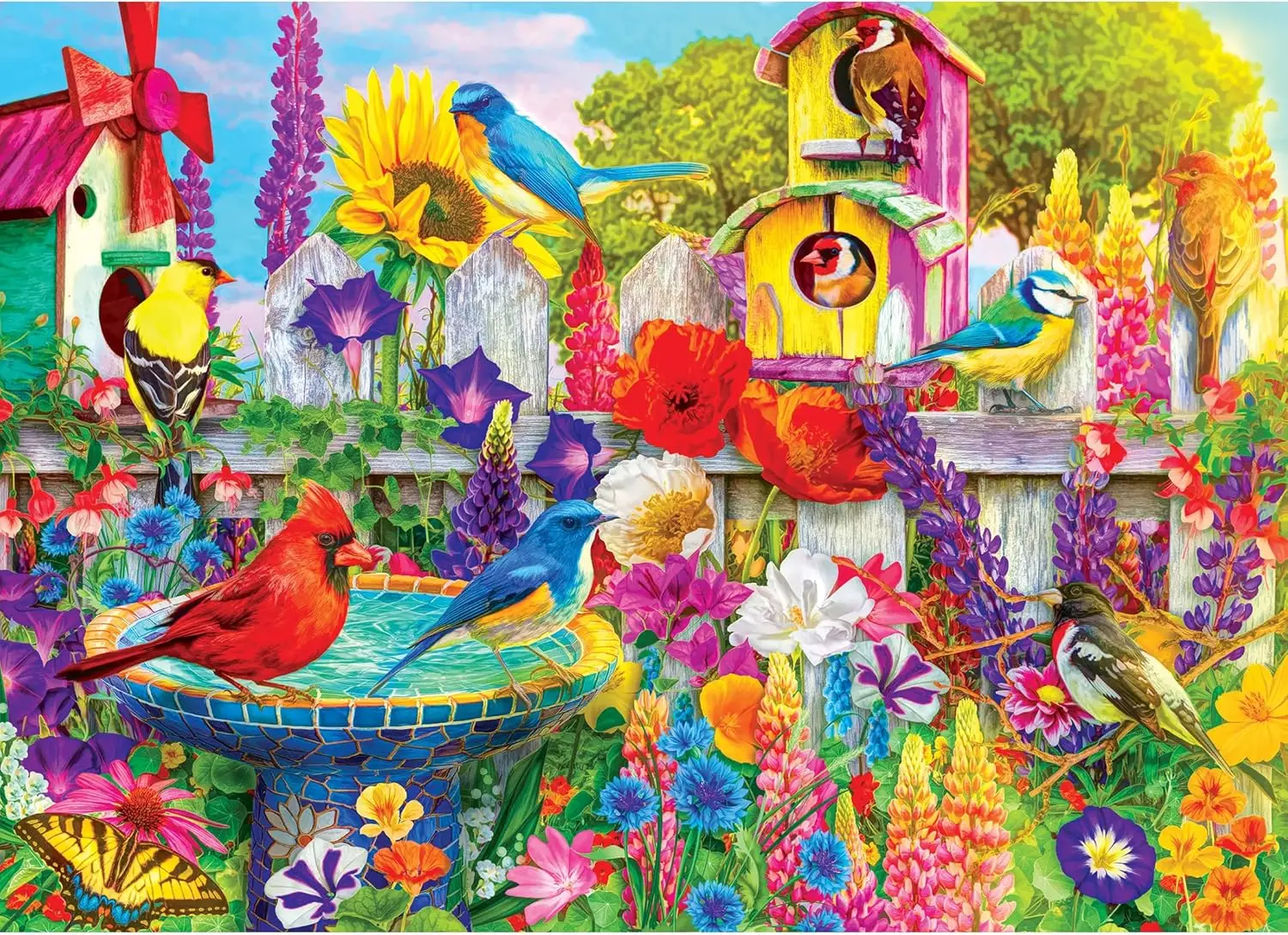 Jigsaw Puzzle Adult - จิ๊กซอว์ภาพนกและดอกไม้ในสวนที่มีชีวิตชีวา - 500/1000/1200/2000 ชิ้น, 38x52 ซม.